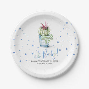 Modern Blue and Green Cactus Baby Shower Paper Plate