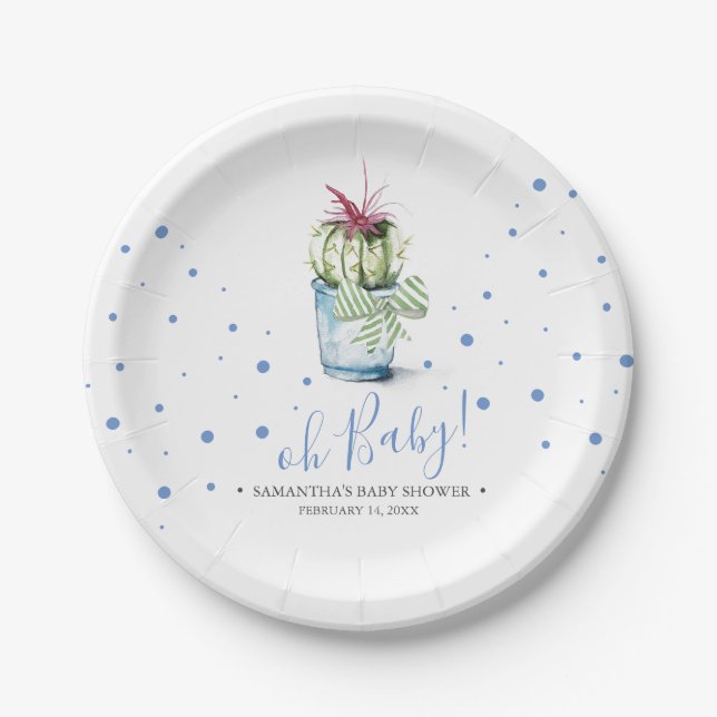 Modern Blue and Green Cactus Baby Shower Paper Plate (Front)