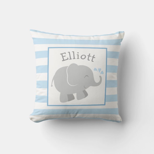 Modern Blue and Grey Elephant Custom Monogram Throw Pillow (Front)