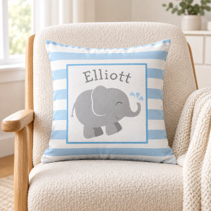 Modern Blue and Grey Elephant Monogram Throw Pillow