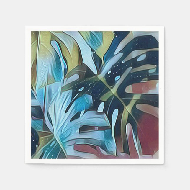 Modern Blue and Moody Monstera Leaves Decoupage Napkin (Front)