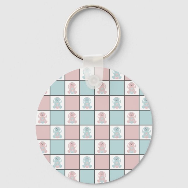 Modern Blue and Pink Easter Bunny Egg Cute Pattern Keychain (Front)