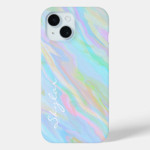 Modern Blue and Pink Gradient Marble Script Name iPhone 15 Case