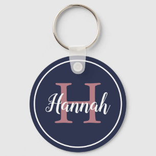 Modern Blue and Pink Script Monogram Name Keychain