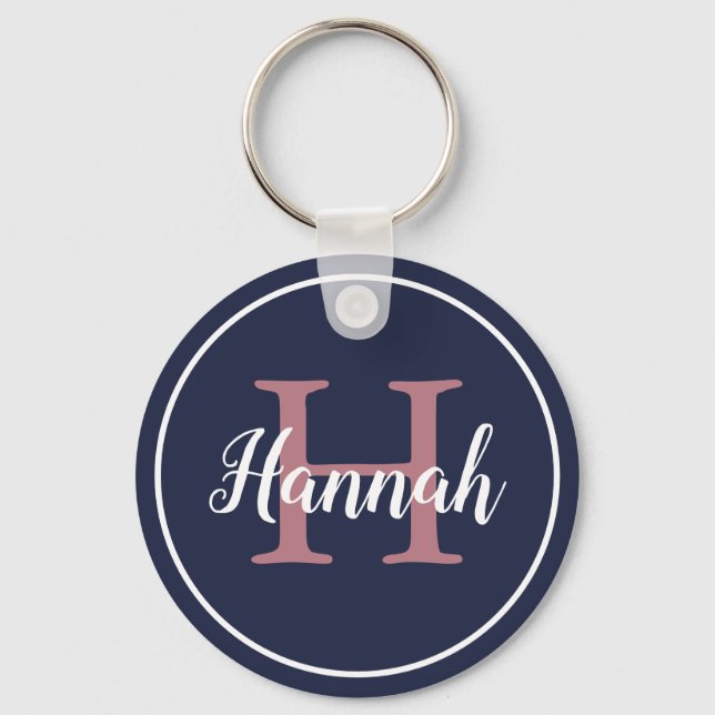 Modern Blue and Pink Script Monogram Name Keychain (Front)