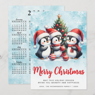 Modern Blue and Red Cute Penguins Merry Christmas Holiday Card
