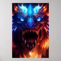 Modern Blue And Red Glowing Fantasy Dragon Graphic