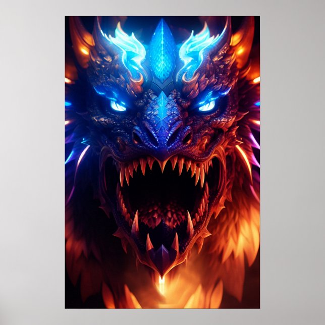Modern Blue And Red Glowing Fantasy Dragon Graphic Poster (Front)