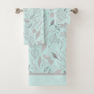 Modern Blue and SIlver Botanical    Bath Towel Set
