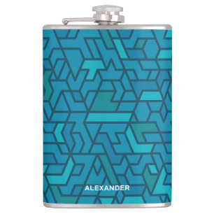 Modern Blue and Teal Green Geometric With Name Hip Flask