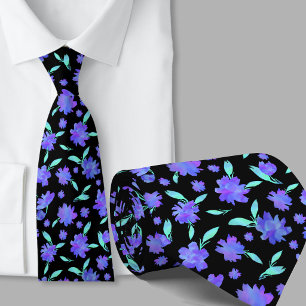 Modern blue and teal watercolor flowers tie