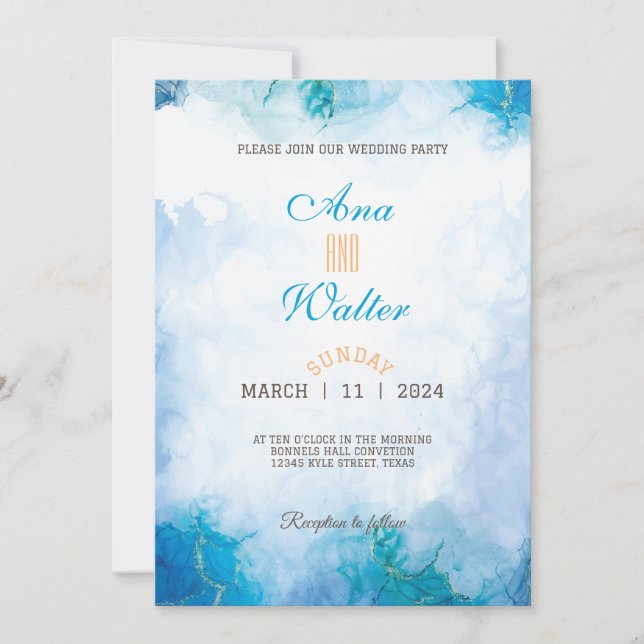 Modern Blue and Turquoise watercolor Wedding Invitation (Front)