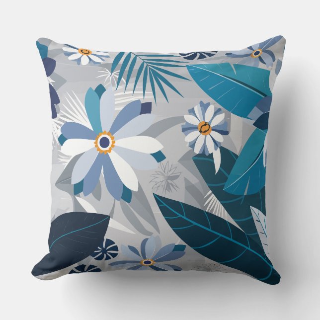 Modern Blue and White Floral with Geometric Leaves Throw Pillow (Front)
