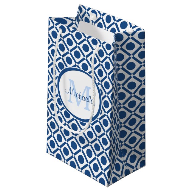 Modern Blue and White Geometric Monogram With Name Small Gift Bag (Front Angled)
