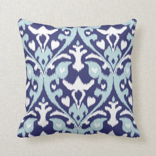Modern blue and white girly ikat tribal pattern throw pillow