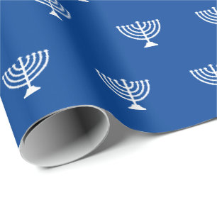 Modern blue and white Jewish menorah pattern Wrapping Paper