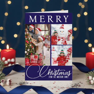 Modern Blue And White Merry Christmas Three Photo Holiday Card