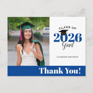 Modern Blue and White Photo Graduation Thank You Postcard