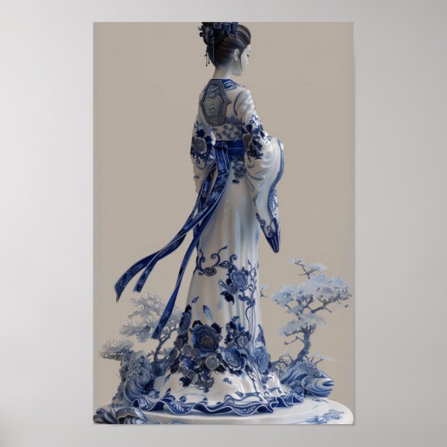 Modern Blue and White Porcelain 3D Design Poster (Front)
