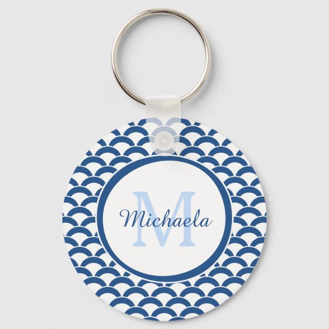Modern Blue and White Scallops Monogram and Name Keychain (Front)