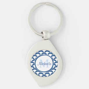 Modern Blue and White Scallops Monogram and Name Keychain