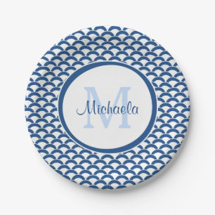 Modern Blue and White Scallops Monogram and Name Paper Plate