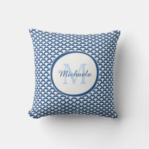 Modern Blue and White Scallops Monogram and Name Throw Pillow