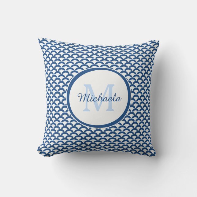 Modern Blue and White Scallops Monogram and Name Throw Pillow (Front)