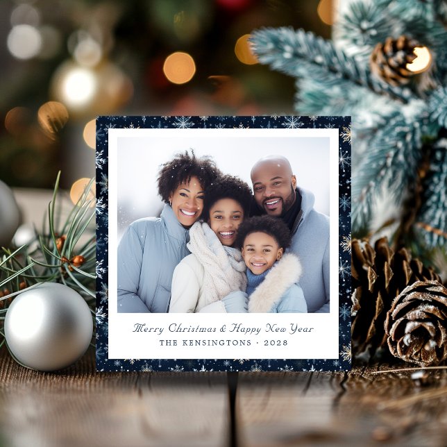 Modern Blue and White Snowflakes Holiday Photo (Modern Blue and White Snowflakes Holiday Photo Cards)