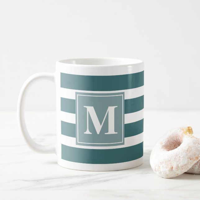 Modern Blue and White Stripe with Monogram Coffee Mug (With Donut)