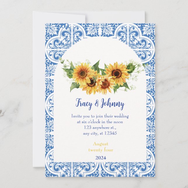 Modern Blue and White Tiles Sunflower Wedding Card (Front)