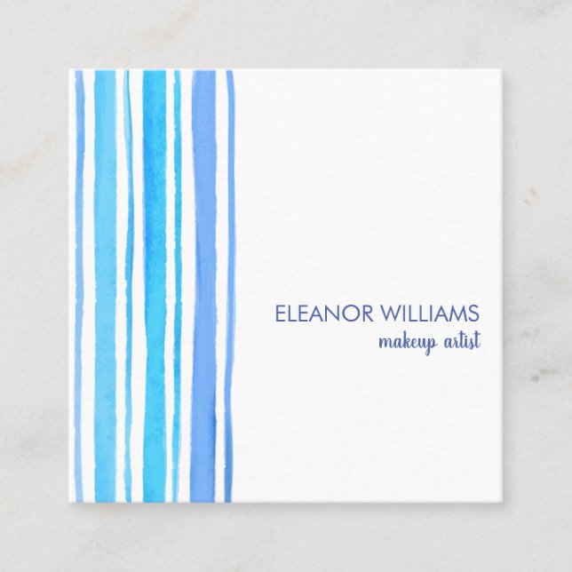 Modern Blue and White Watercolour Stripes square Business Card (Front)