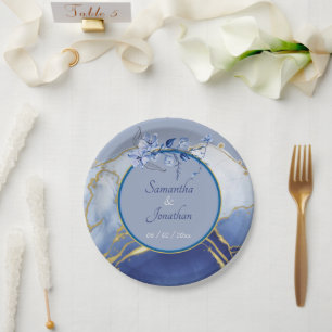 Modern Blue Aqua Marble Wedding Paper Plate