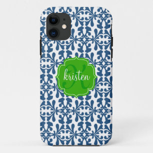 Modern Blue Arabesque Damask Green Personalized iPhone 11 Case