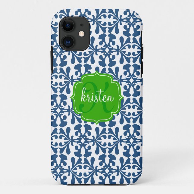 Modern Blue Arabesque Damask Green Personalized Case-Mate iPhone Case (Back)