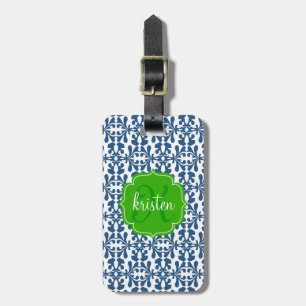 Modern Blue Arabesque Damask Green Personalized Luggage Tag