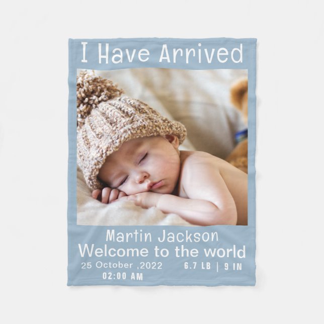 Modern Blue Baby Boy Photo Birth Announcement  Fleece Blanket (Front)