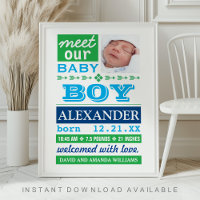 Modern Blue Baby Boy Photo Birth Announcement