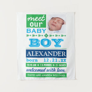 Modern Blue Baby Boy Photo Birth Announcement Tapestry