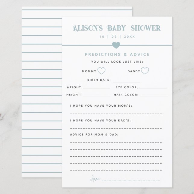 Modern Blue Baby Shower Advice and Predictions  (Front/Back)