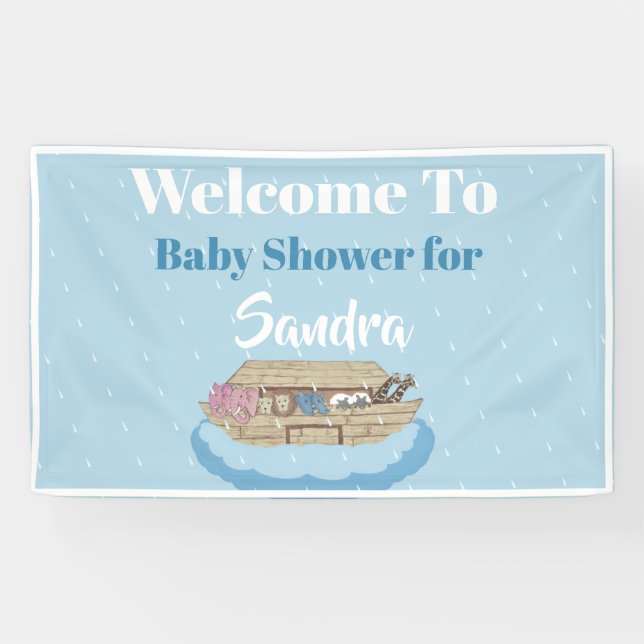 Modern Blue Baby Shower Boy Noah's Ark Elephant Banner (Horizontal)