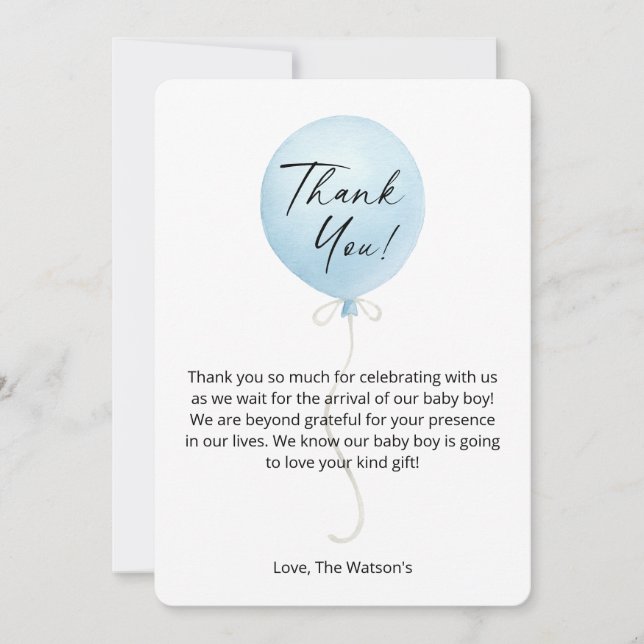 Modern Blue Balloon Baby Shower Thank You Card (Front)
