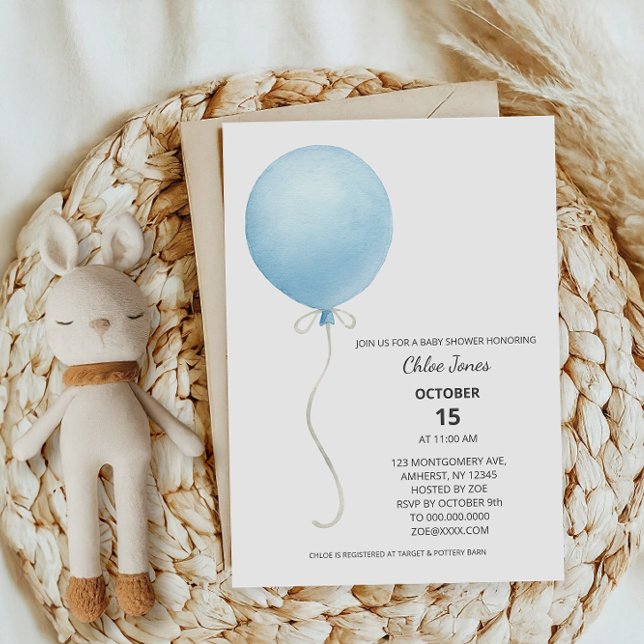 Modern Blue Balloon Boy Baby Shower Invitation (Creator Uploaded)