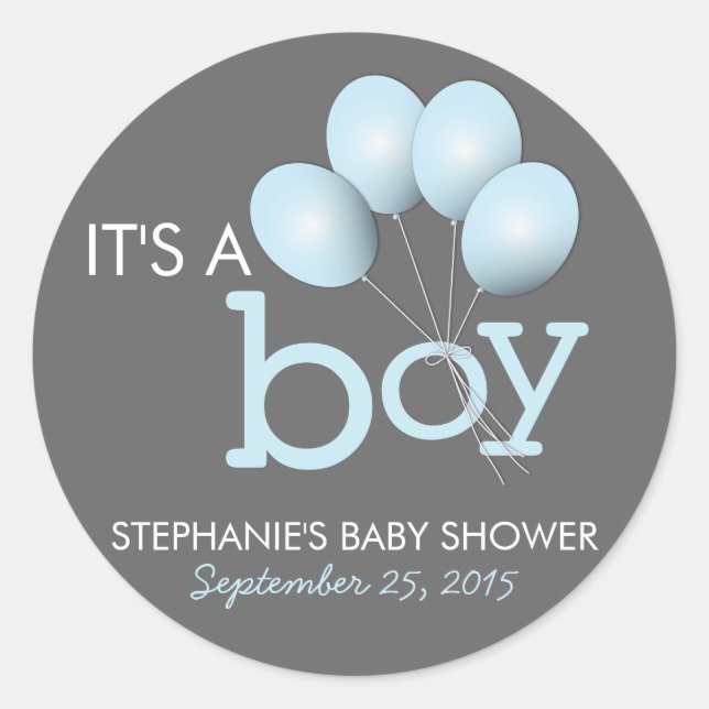 Modern Blue Balloon Boy Baby Shower Sticker (Front)