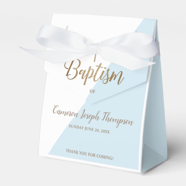 Modern Blue Baptism Baby Boy Thank you Gold Cross Favor Box (Front Side)