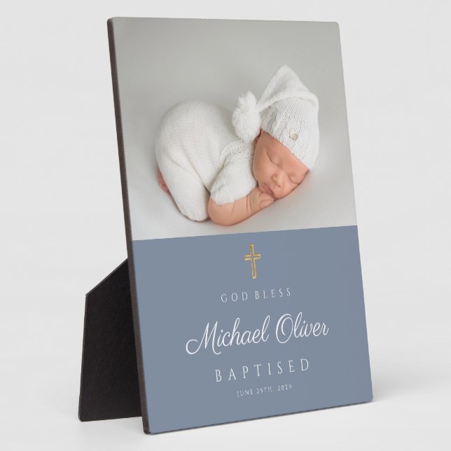 Modern Blue Baptized Boy Photo Keepsake Plaque (Side)