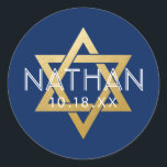 Modern Blue Bar Mitzvah Star of David Personalized Classic Round Sticker<br><div class="desc">Elegant modern blue and gold classic bar mitzvah stickers with custom name, date and Star of David design. These bar mitzvah favour tag stickers are stylish and classy envelope seals, or on DIY bar and bat mitzvah party decor projects. Click CUSTOMIZE FURTHER to edit background and text colour, font or...</div>