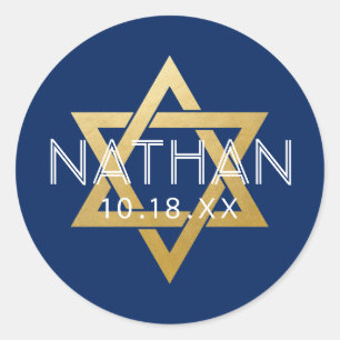 Modern Blue Bar Mitzvah Star of David Personalized Classic Round Sticker