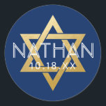 Modern Blue Bar Mitzvah Star of David Personalized Classic Round Sticker<br><div class="desc">Elegant modern blue and gold classic bar mitzvah stickers with custom name, date and Star of David design. These bar mitzvah favour tag stickers are stylish and classy envelope seals, or on DIY bar and bat mitzvah party decor projects. Click CUSTOMIZE FURTHER to edit background and text colour, font or...</div>