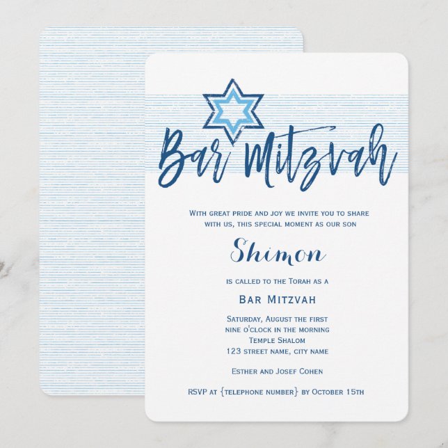 Modern Blue Barre Mitzvah Invitation (Devant / Derrière)